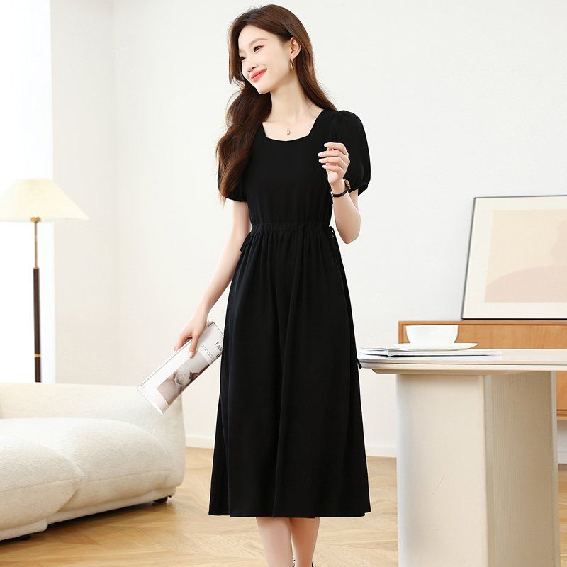 스퀘어넥 퍼프소매 롱 원피스 허리 스트링 A라인 봄 여름 데일리룩 블랙 - 상세 이미지 4