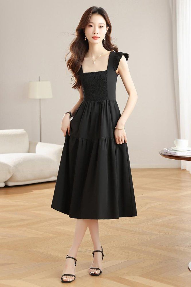 스퀘어넥 스모킹 밴딩 롱 원피스 프릴소매 티어드 A라인 봄 여름 휴양지룩 연보라 블랙 - 상세 이미지 5