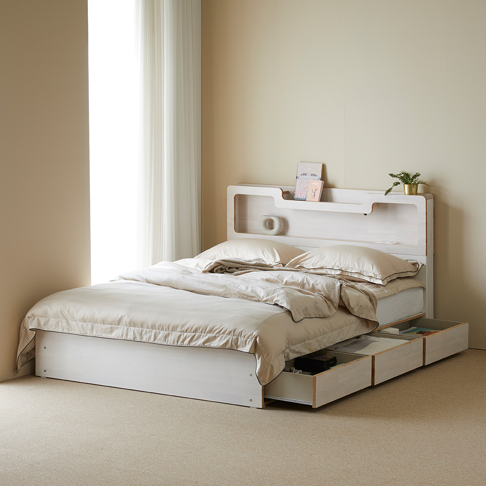 장인가구 원스 LED 고무나무 원목 신혼부부 수납형 침대 Q 프레임