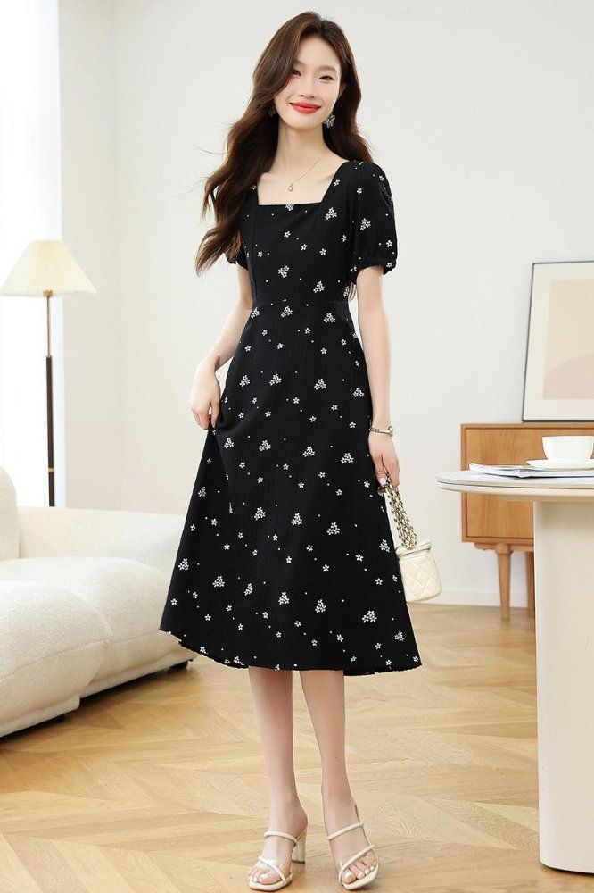 스퀘어넥 퍼프소매 플라워 쉬폰 롱 원피스 A라인 포켓 하객룩 봄 여름 데이트룩 블랙 - 상세 이미지 5