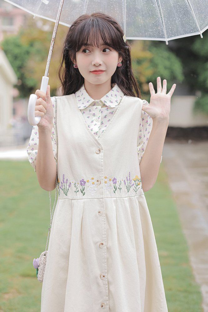 봄 여름 플라워 꽃 자수 나시 뷔스티에 레이어드 면 코튼 데님 롱 원피스 베이지 데님블루 - 상세 이미지 2