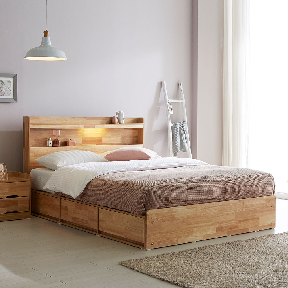 장인가구 노마 LED 서랍형 수납 원목 침대 프레임 Q