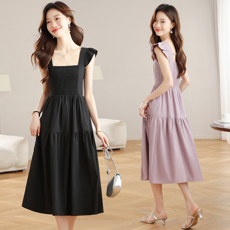 스퀘어넥 스모킹 밴딩 롱 원피스 프릴소매 티어드 A라인 봄 여름 휴양지룩 연보라 블랙 - 상품 이미지