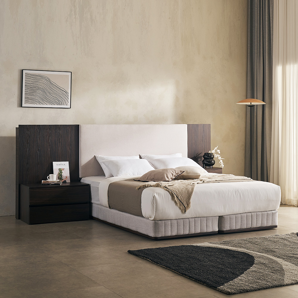 장인가구 까르뎅차콜 패브릭 LED 호텔 평상형 침대 프레임 Q+800협탁1