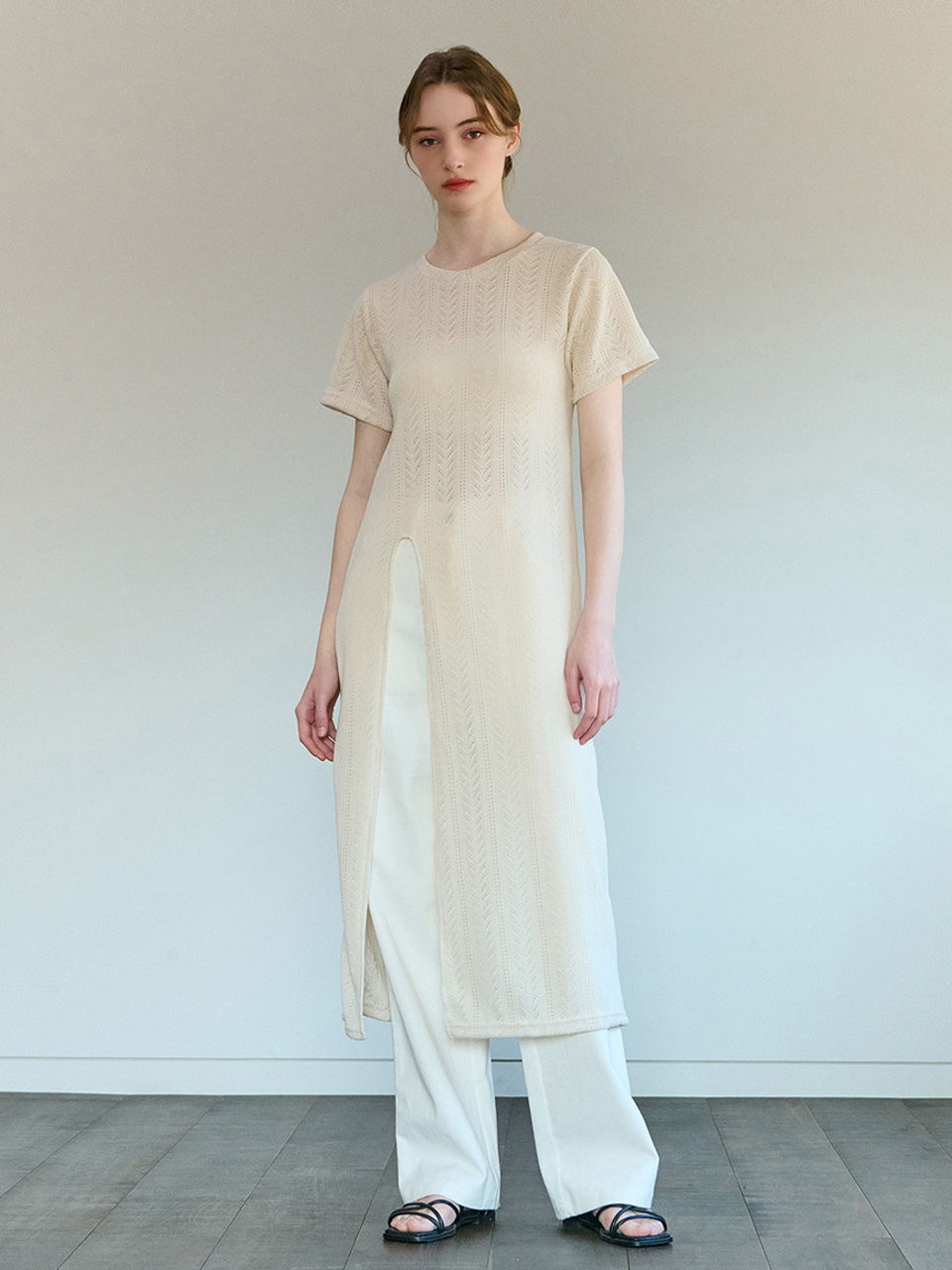 [CAMINO] 슬릿 썸머 레이스 롱 니트 원피스 크림