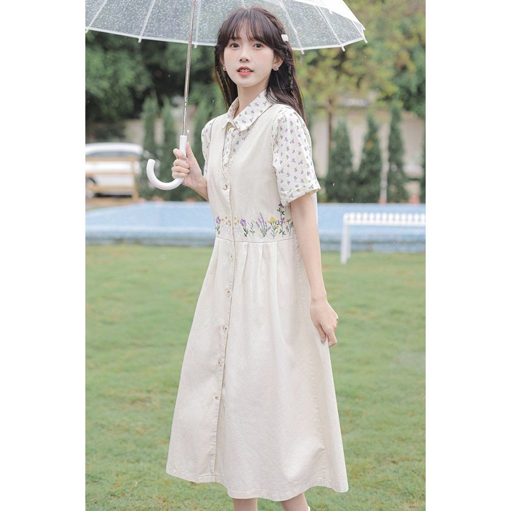 봄 여름 플라워 꽃 자수 나시 뷔스티에 레이어드 면 코튼 데님 롱 원피스 베이지 데님블루 - 상품 이미지