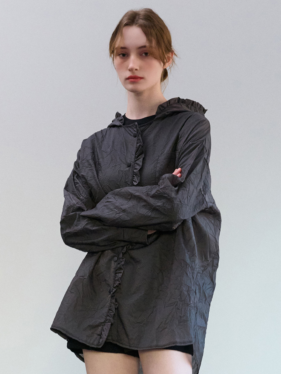 [CAMINO] 프릴 후드 레인 점퍼 차콜