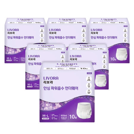 리보라 안심 파워흡수 팬티형 요실금 성인용 기저귀 중형, 10개입, 6팩