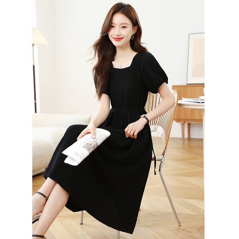 스퀘어넥 퍼프소매 롱 원피스 허리 스트링 A라인 봄 여름 데일리룩 블랙 - 상세 이미지 3