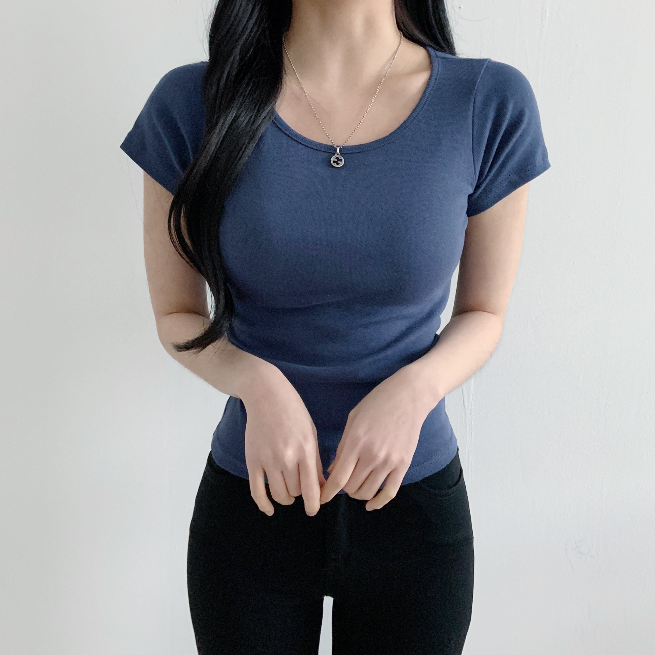 레이어드 흰티 세미크롭 여자 반팔티 이너 티셔츠 네이비, FREE(One size)