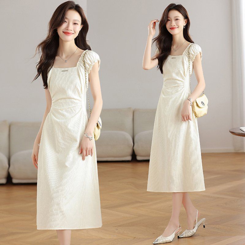 스퀘어넥 퍼프소매 셔링 롱 원피스 하이웨스트 A라인 봄 여름 하객룩 데이트룩 아이보리 - 상품 이미지