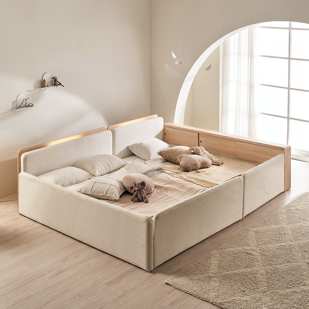 장인가구 하랑 E0 패브릭 LED헤드 저상형 패밀리침대 SS+SS 수납가드 둥지형 프레임