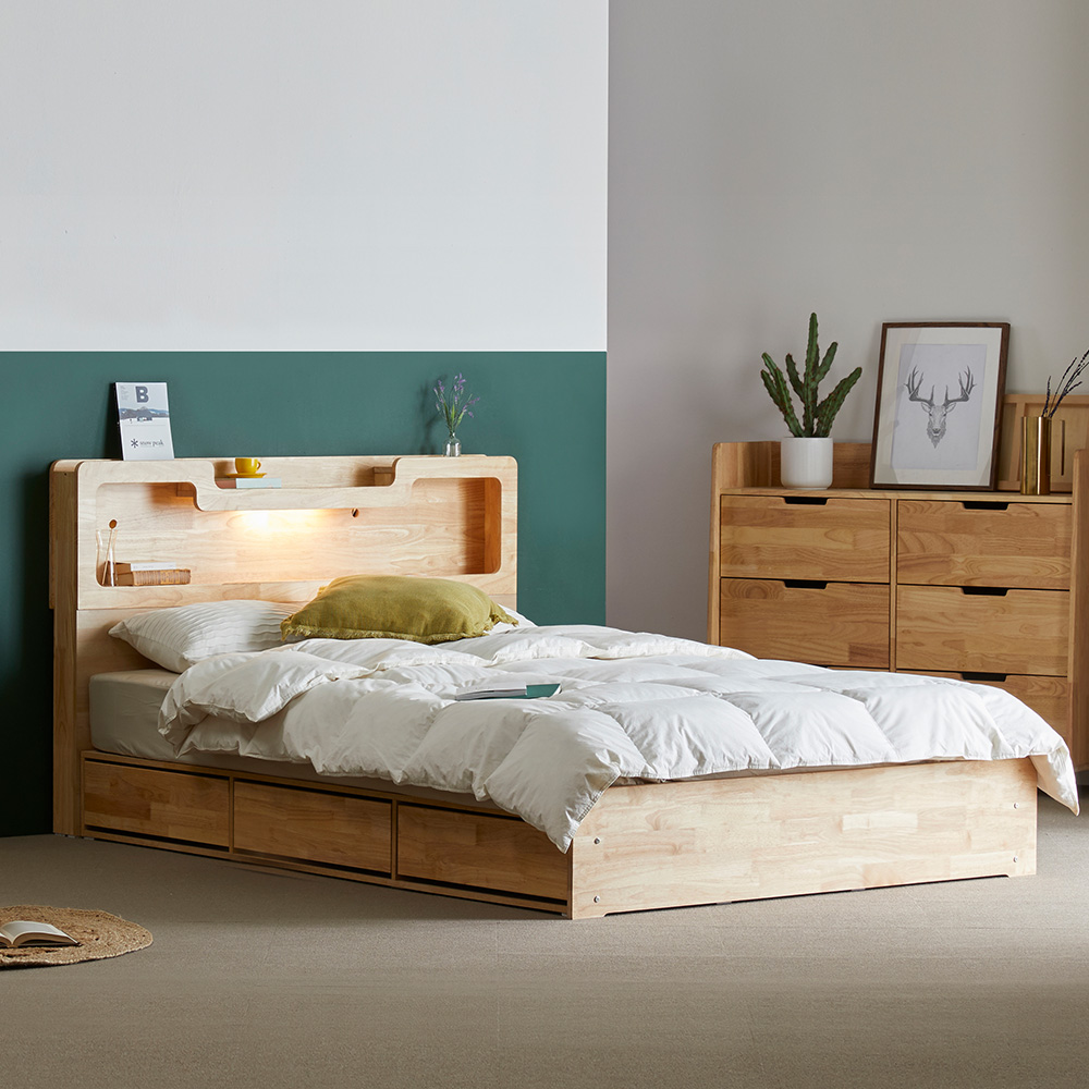 장인가구 원스 LED 고무나무 원목 신혼부부 수납형 침대 Q 프레임
