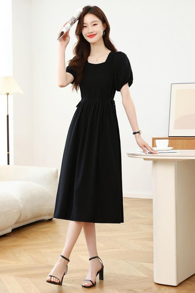 스퀘어넥 퍼프소매 롱 원피스 허리 스트링 A라인 봄 여름 데일리룩 블랙 - 상세 이미지 5