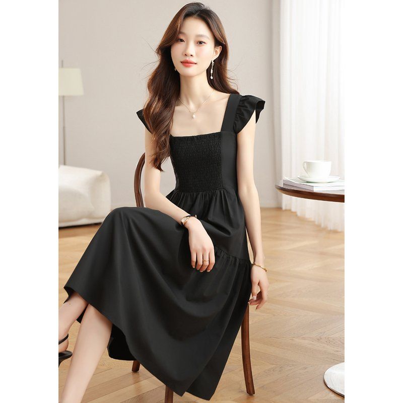 스퀘어넥 스모킹 밴딩 롱 원피스 프릴소매 티어드 A라인 봄 여름 휴양지룩 연보라 블랙 - 상세 이미지 4