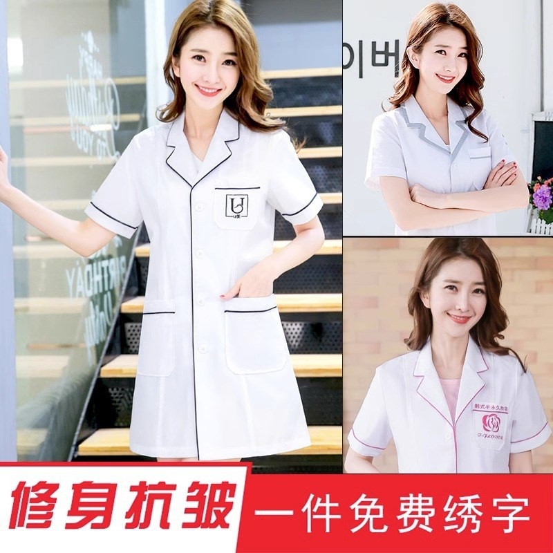 실험용 가운 반팔 애견 미용복 병원 화이트 간호복 여성 제트 회색테두리+흰색코트(여성용반팔) S - 상세 이미지 4