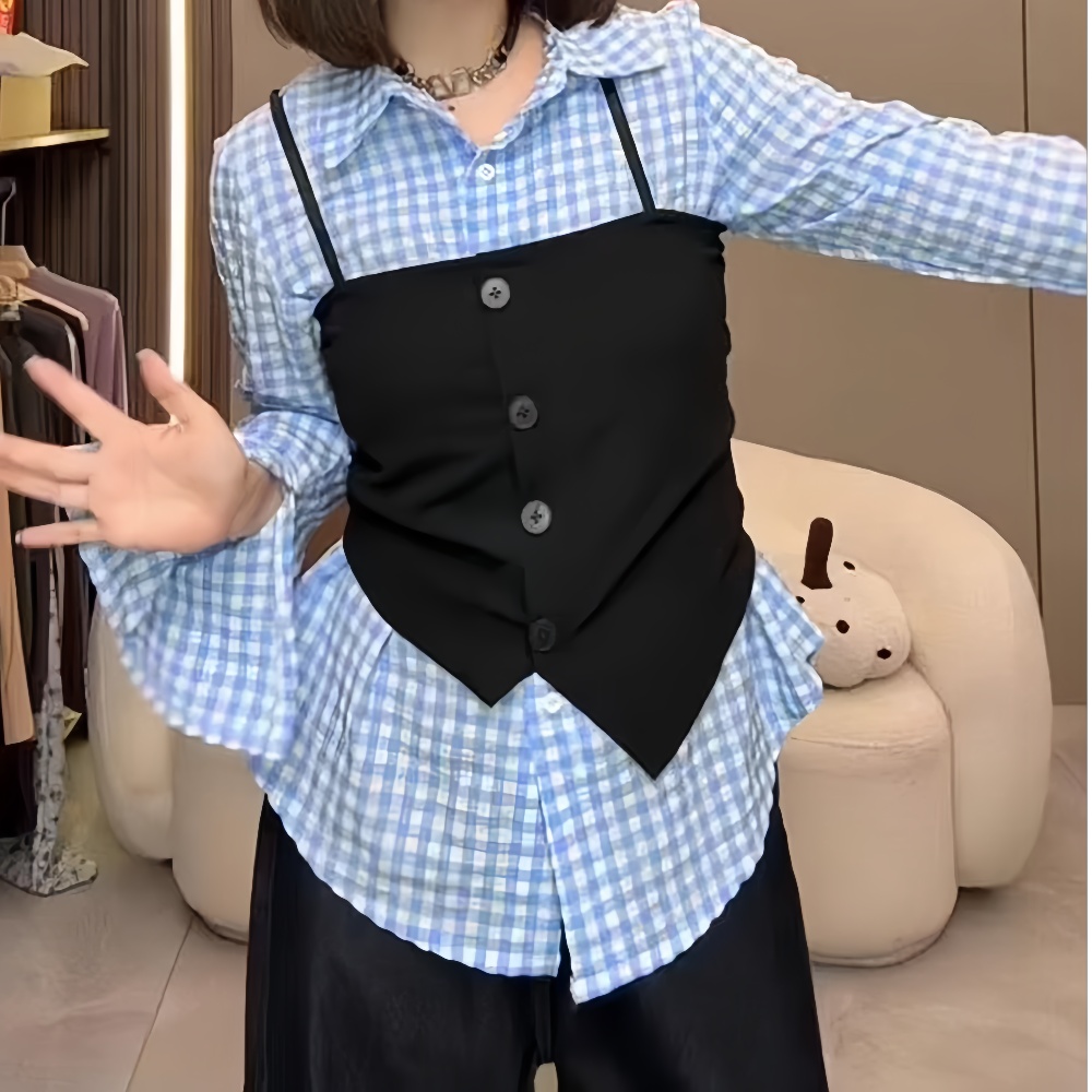 봄 체크남방방투피스 조끼 루즈핏 긴팔셔츠 - 상세 이미지 2