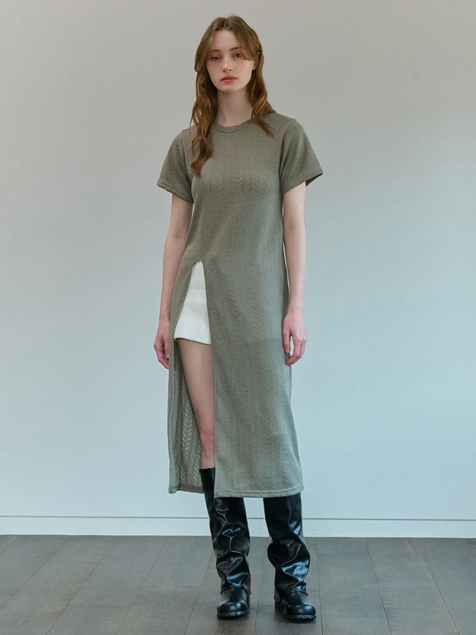 [CAMINO] 슬릿 썸머 레이스 롱 니트 원피스 카키