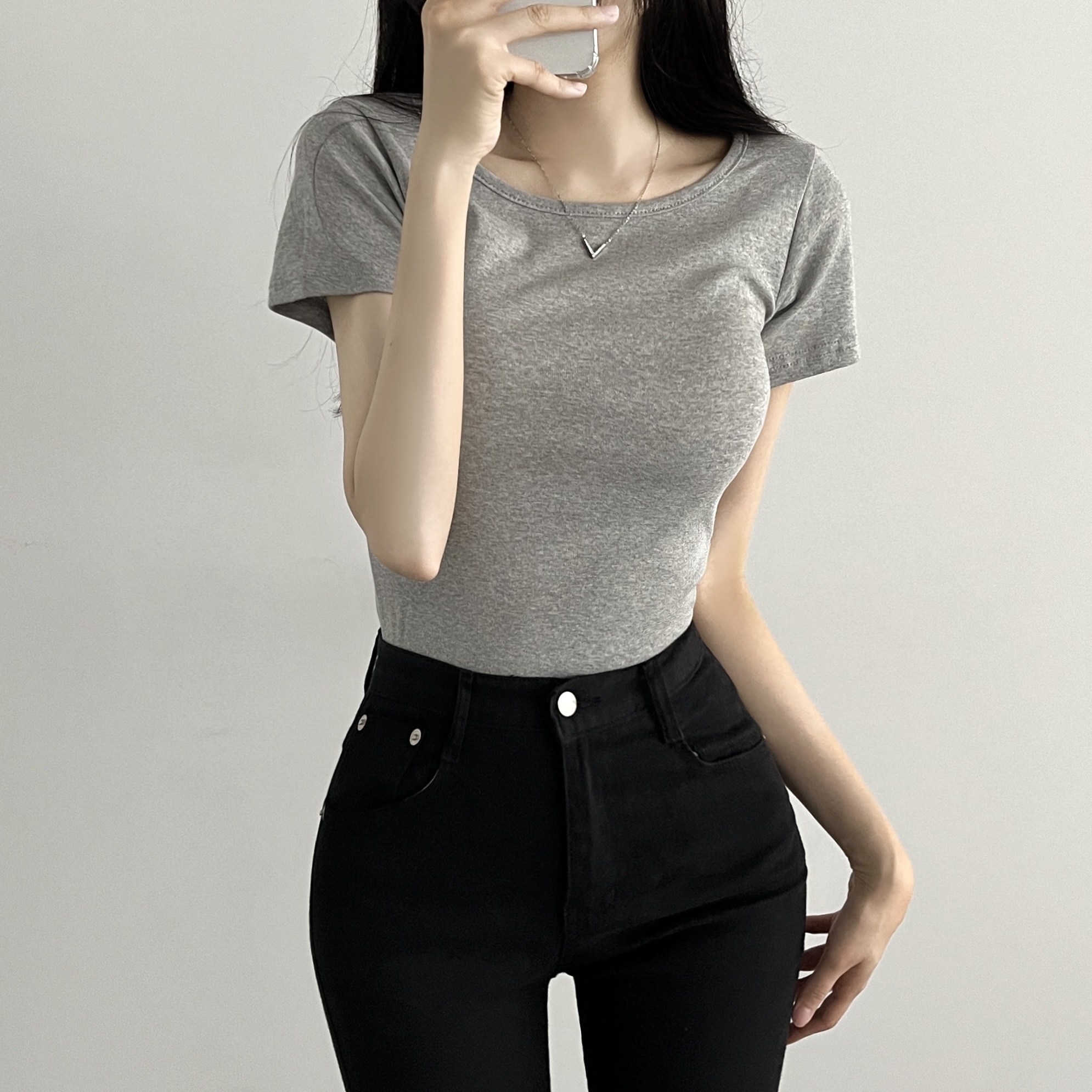 레이어드 흰티 세미크롭 여자 반팔티 이너 티셔츠 그레이, FREE(One size)