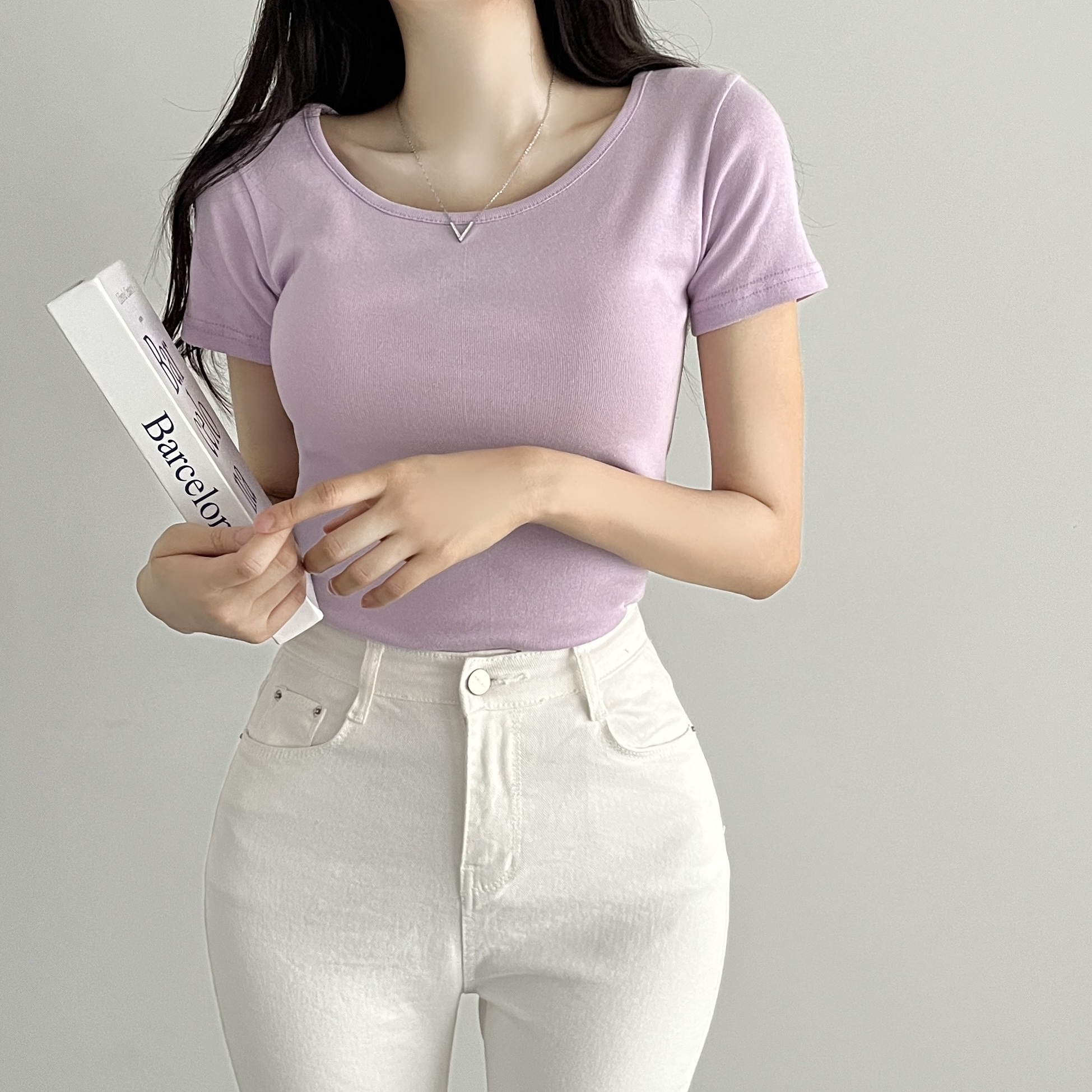 레이어드 흰티 세미크롭 여자 반팔티 이너 티셔츠 연보라, FREE(One size)