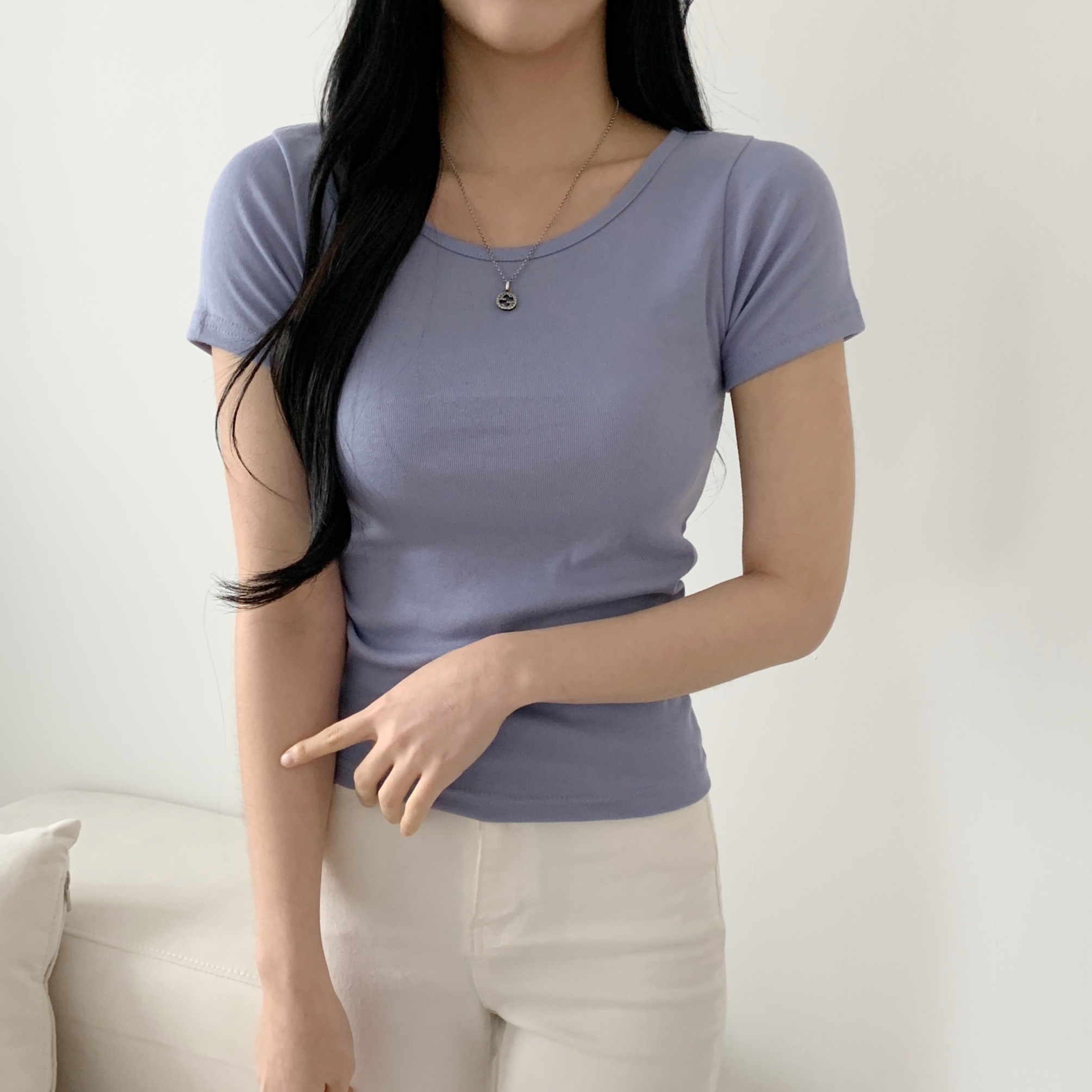 레이어드 흰티 세미크롭 여자 반팔티 이너 티셔츠 진보라, FREE(One size)