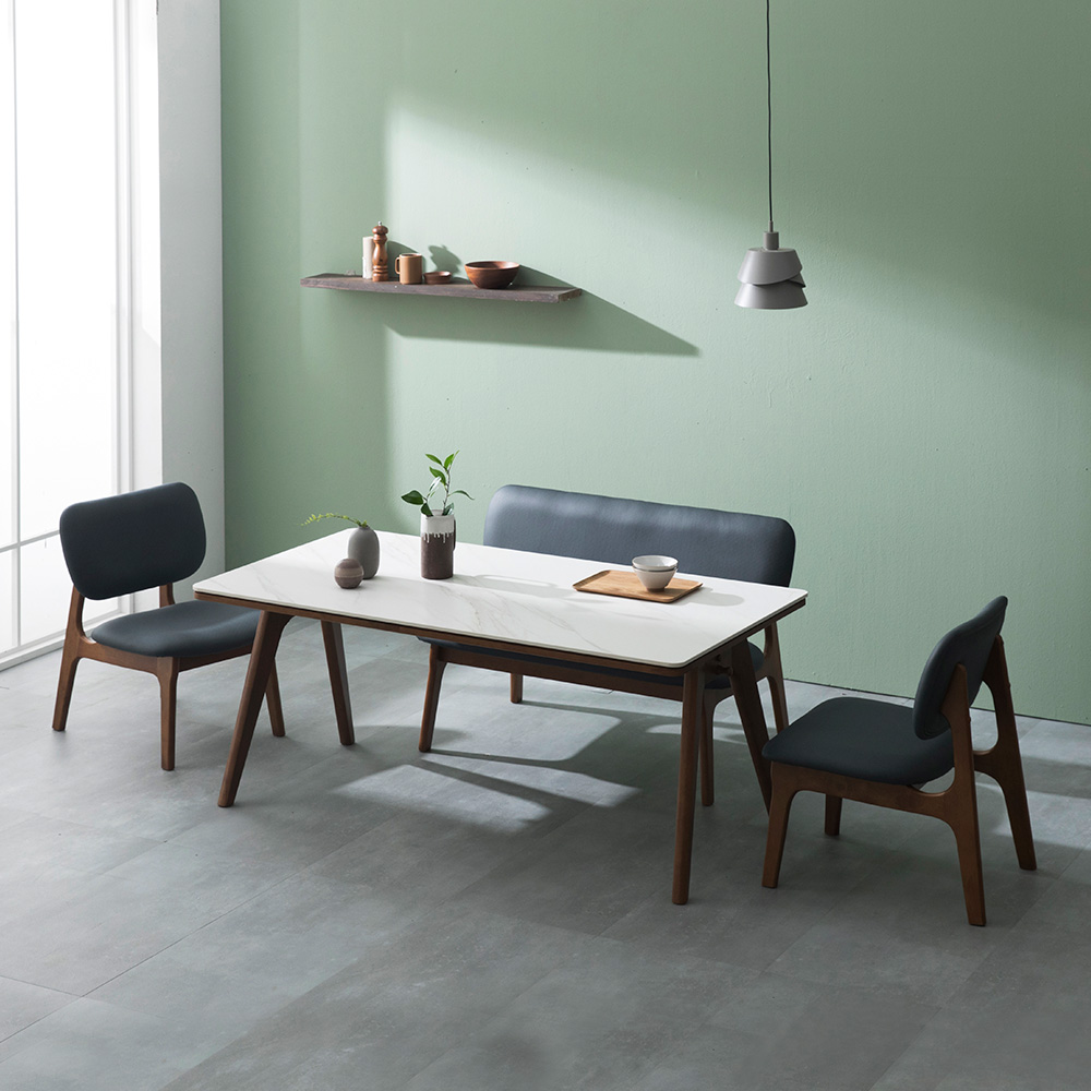 장인가구 칸토르 세라믹 원목 낮은 식탁 세트 1600 4인 의자2 벤치 패밀리 SE0등급