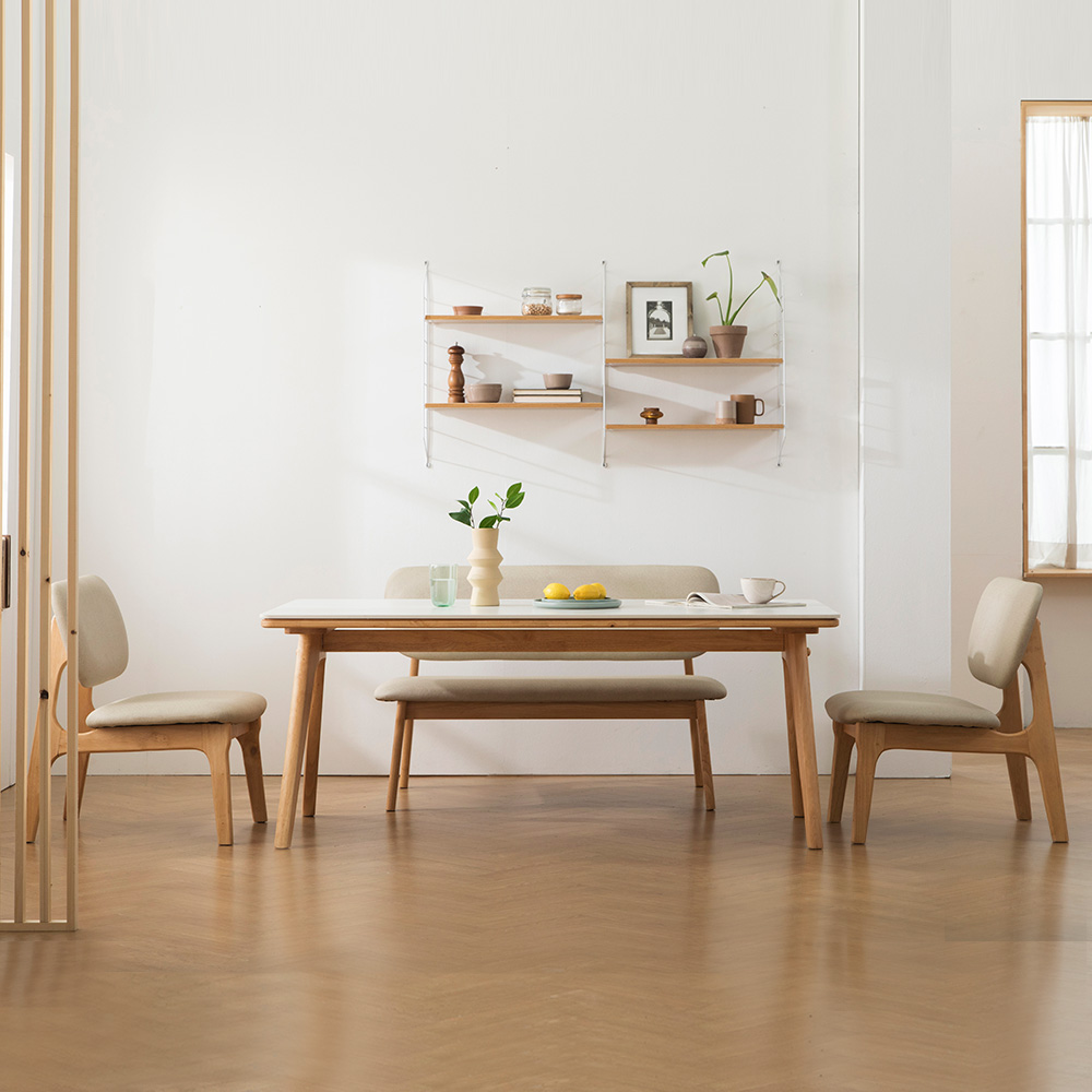 장인가구 칸토르 세라믹 원목 낮은 식탁 세트 1600 4인 의자2 벤치 패밀리 SE0등급