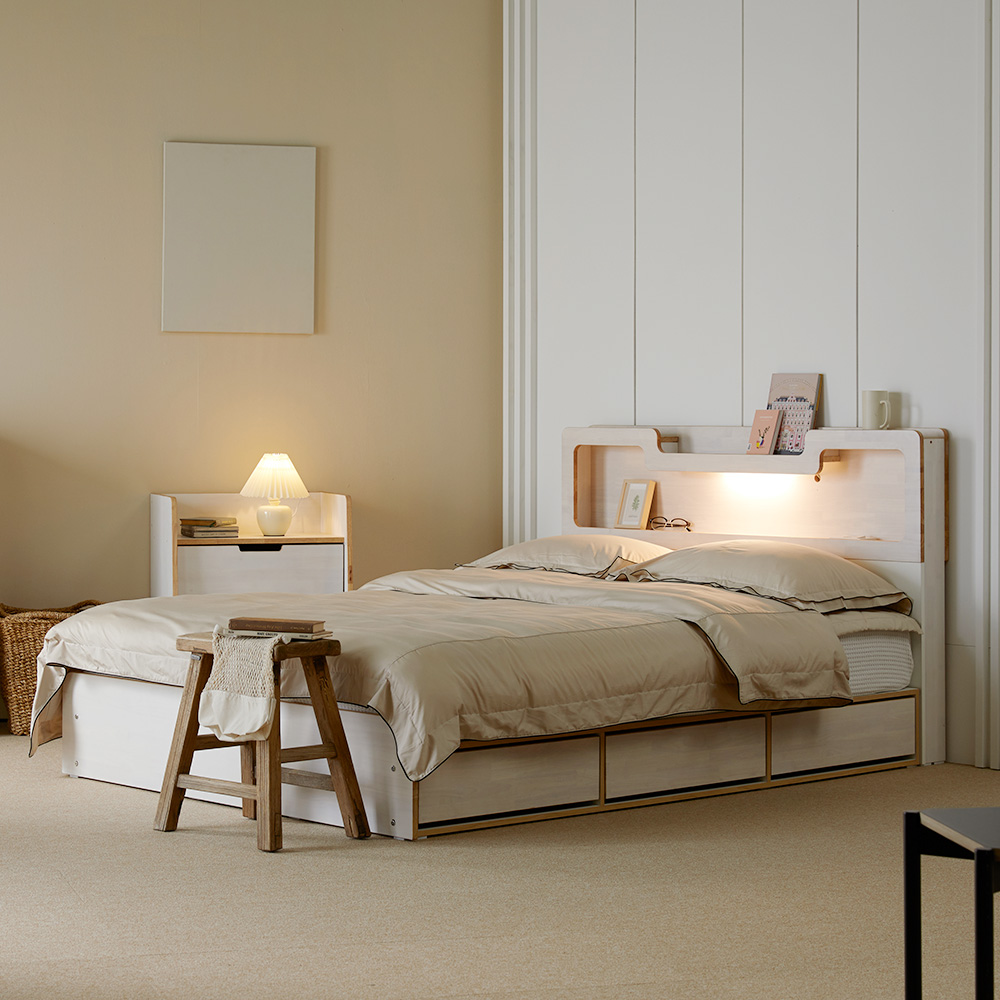 장인가구 원스 LED 고무나무 원목 신혼부부 수납형 침대 Q 프레임