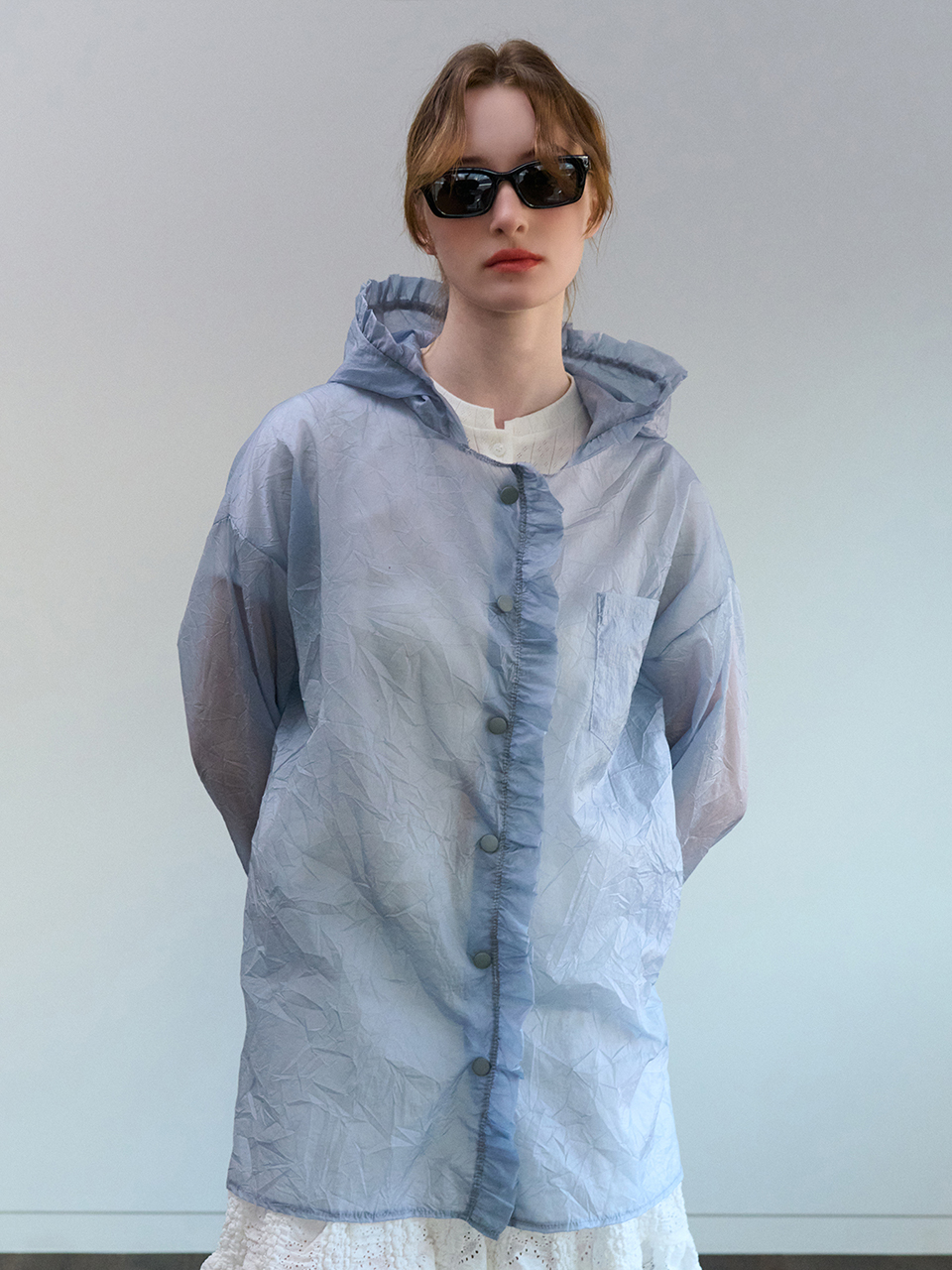 [CAMINO] 프릴 후드 레인 점퍼 블루