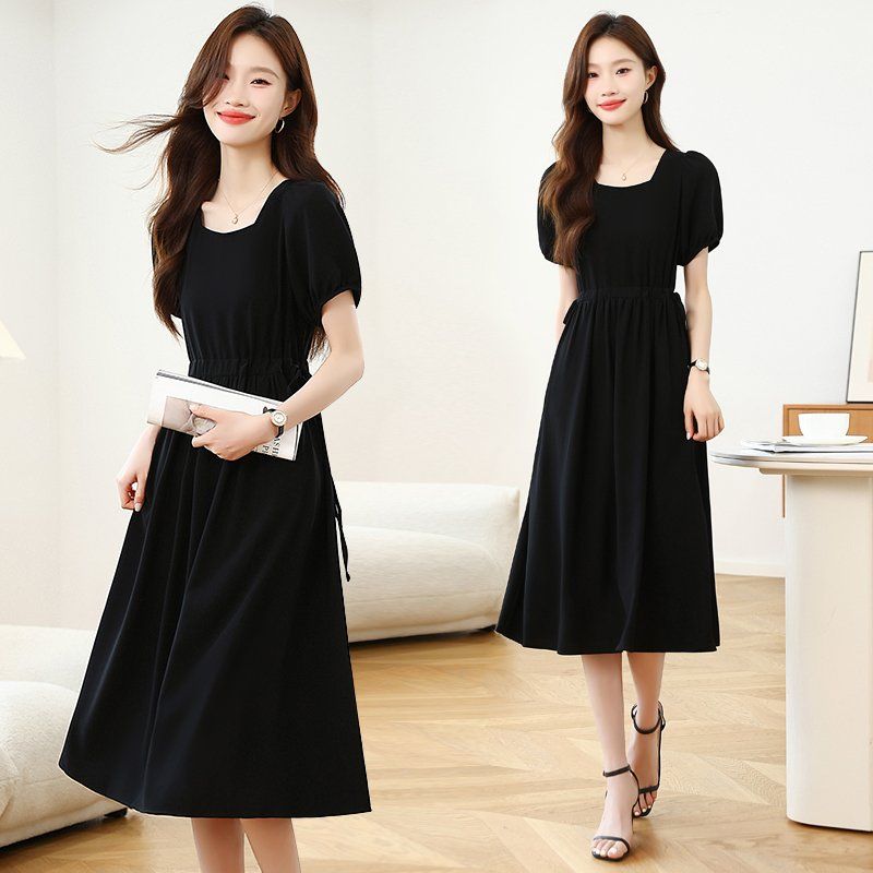 스퀘어넥 퍼프소매 롱 원피스 허리 스트링 A라인 봄 여름 데일리룩 블랙 - 상품 이미지