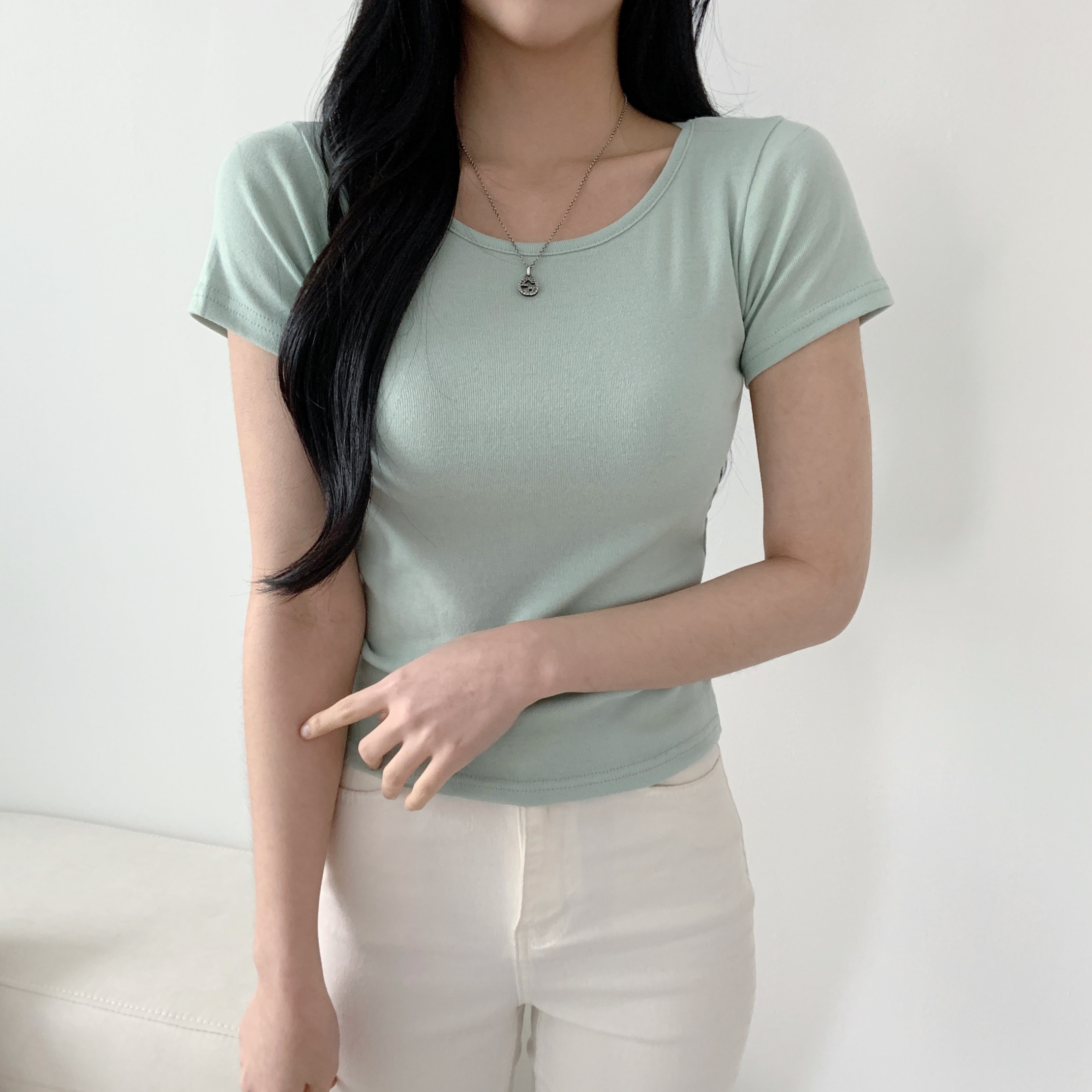 레이어드 흰티 세미크롭 여자 반팔티 이너 티셔츠 민트, FREE(One size)