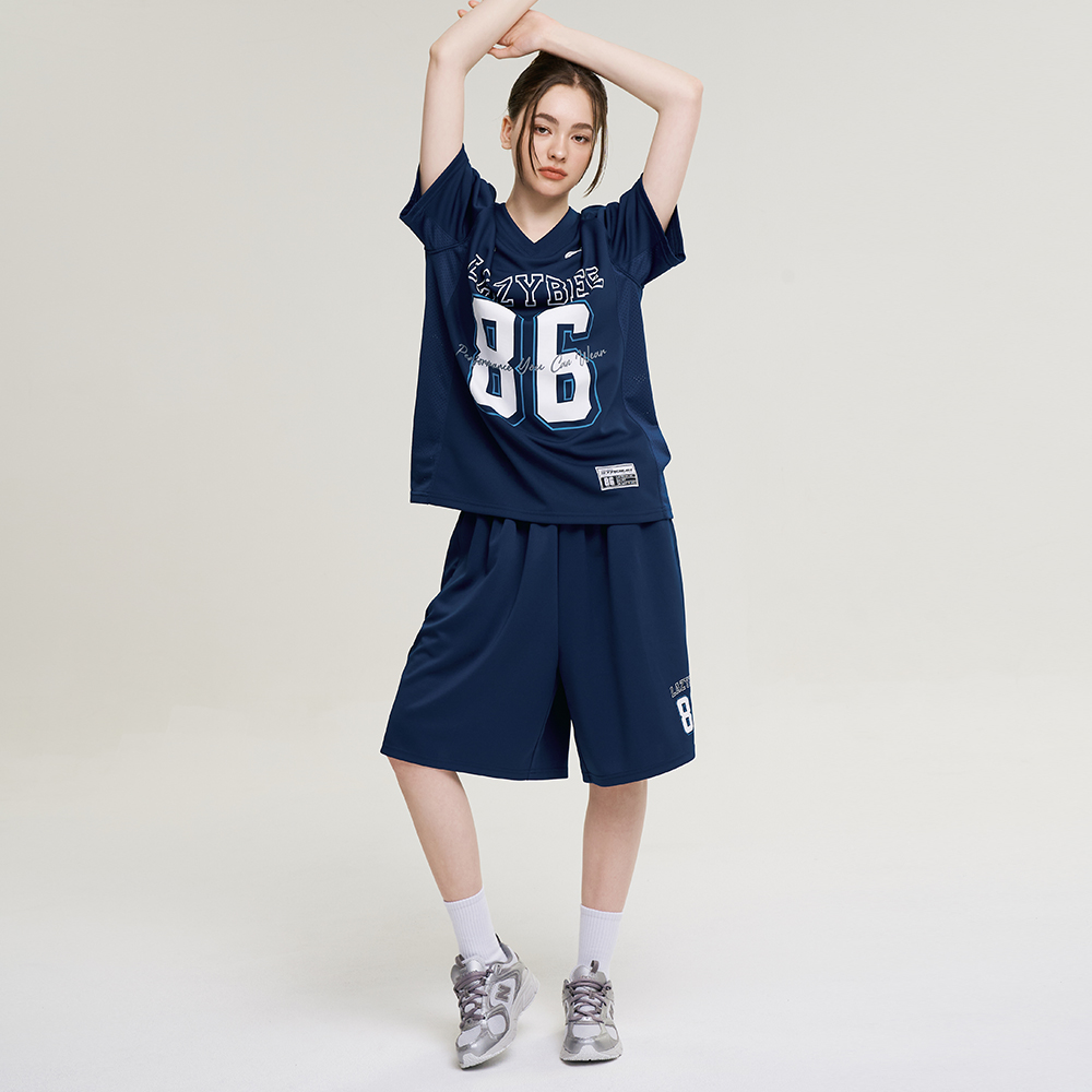 여성 자이언트핏 져지 오버핏 버뮤다 팬츠 반바지 헬스복 운동복 짐웨어 공용 네이비 - 상세 이미지 3