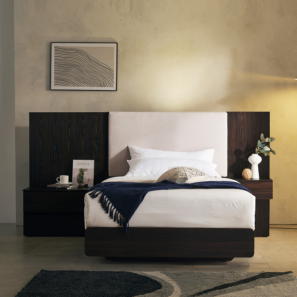 장인가구 까르뎅차콜 패브릭 LED 호텔 평상형 침대 프레임 Q+800협탁1