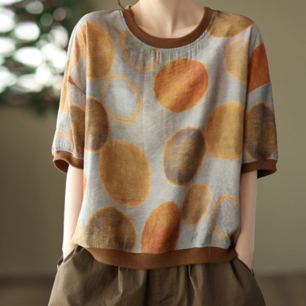 중년여성 도트 티셔츠 여름 반팔 텐셀 편안한핏 - 상품 이미지