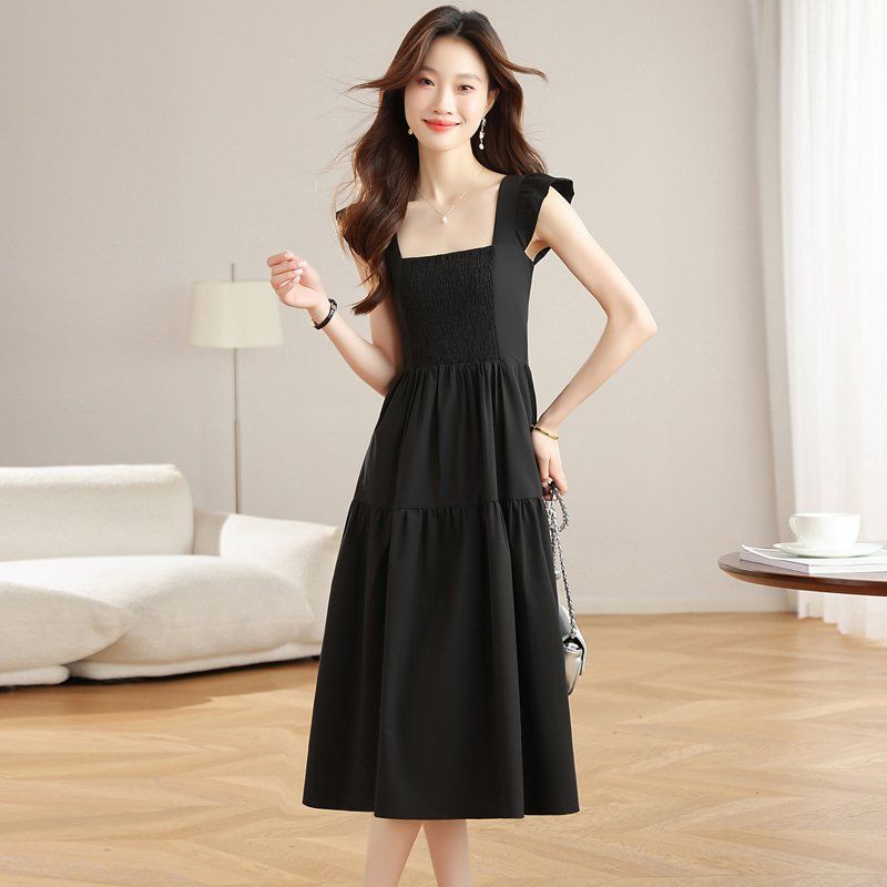 스퀘어넥 스모킹 밴딩 롱 원피스 프릴소매 티어드 A라인 봄 여름 휴양지룩 연보라 블랙 - 상세 이미지 2