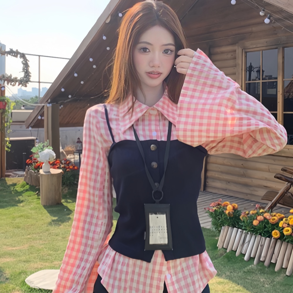 봄 체크남방방투피스 조끼 루즈핏 긴팔셔츠 - 메인 이미지