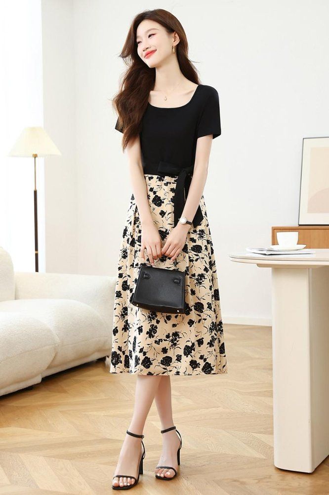 플라워 롱 원피스 반팔 리본 허리 스트랩 A라인 봄 여름 하객룩 오피스룩 블랙 베이지 - 상세 이미지 5