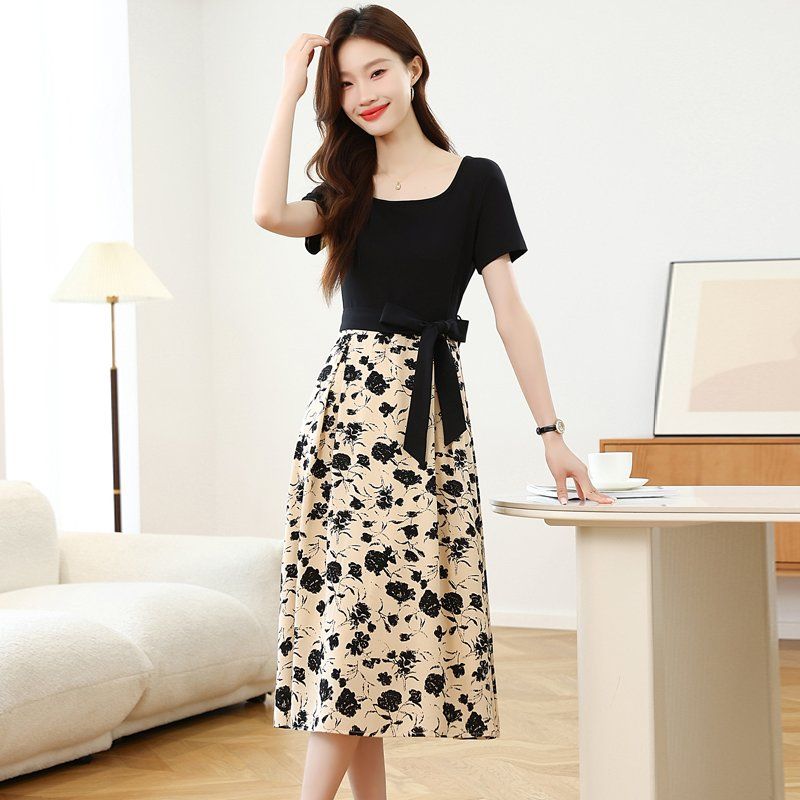 플라워 롱 원피스 반팔 리본 허리 스트랩 A라인 봄 여름 하객룩 오피스룩 블랙 베이지 - 상세 이미지 4