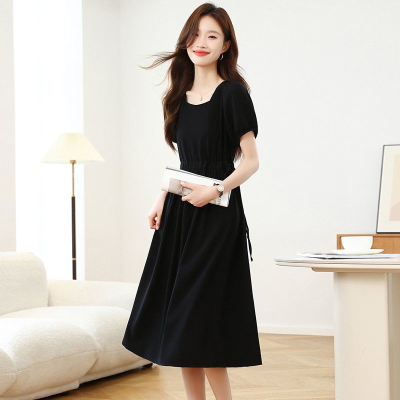 스퀘어넥 퍼프소매 롱 원피스 허리 스트링 A라인 봄 여름 데일리룩 블랙 - 상세 이미지 2