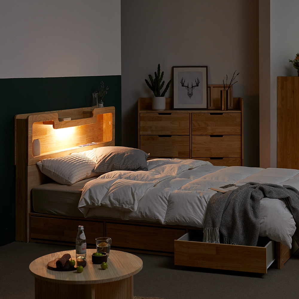 장인가구 원스 LED 고무나무 원목 신혼부부 수납형 침대 Q 프레임