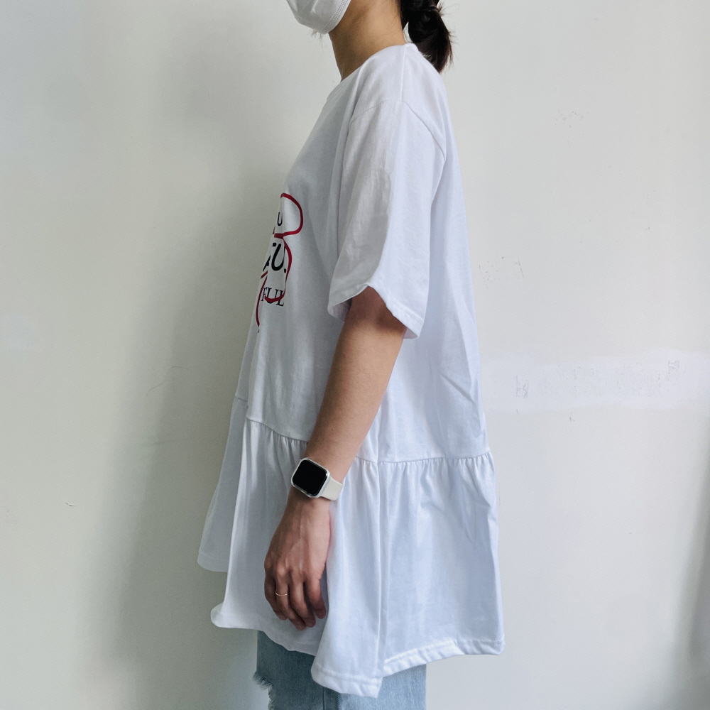 여성 빅사이즈반팔티 박스티 프릴티셔츠 플라워 롱 티셔츠 - 상세 이미지 4