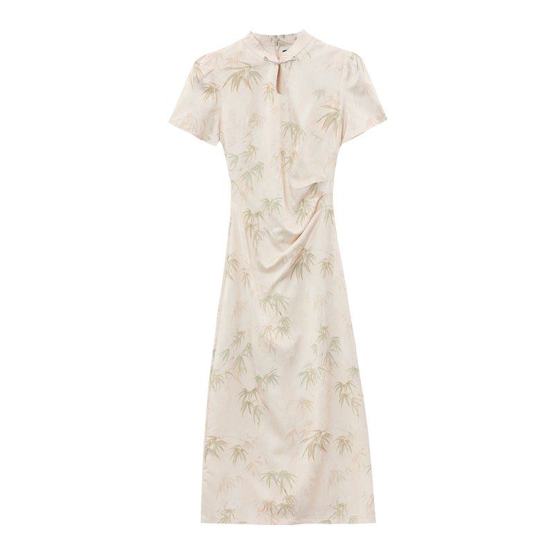 봄 여름 뉴 차이니즈 스타일 치파오 반팔 미디 롱 원피스 만다린카라 H라인 하객룩 살구색