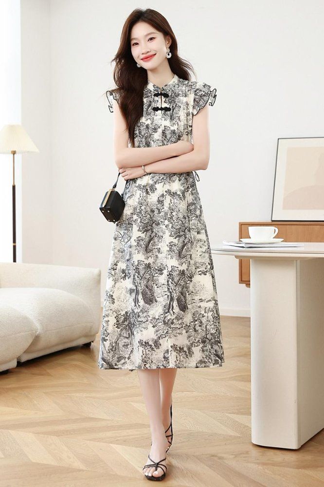 봄 여름 오리엔탈 텐셀 치파오 플러터 반팔 롱 원피스 프린트 하객룩 아이보리 블랙 - 상세 이미지 5