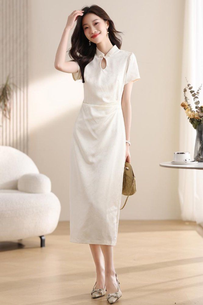 봄 여름 레트로 빈티지 치파오 퍼프 반팔 자카드 롱 원피스 만다린카라 하객룩 모임룩 베이지 - 상세 이미지 5