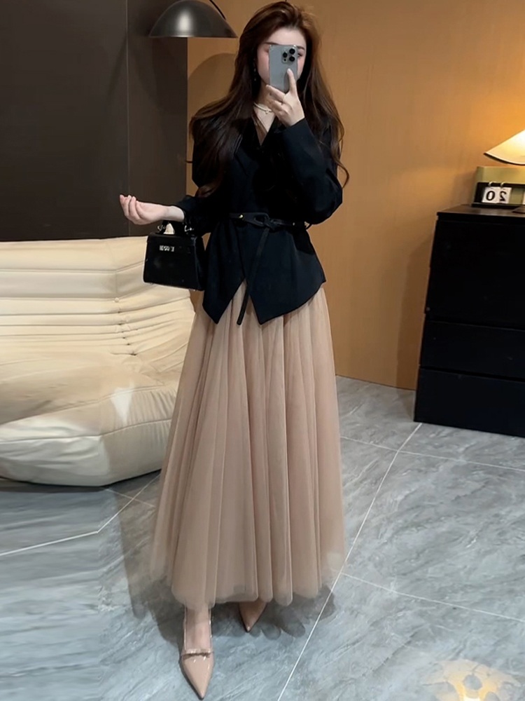 블랙자켓 베이지메쉬샤롱스커트 코디세트 베트포함 하이웨스트 오피스룩 정장 등원룩 패션 - 상세 이미지 5