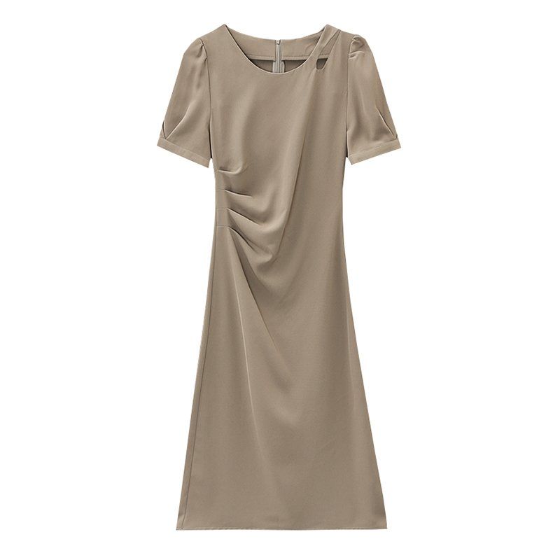 봄 여름 라운드넥 반팔 컷아웃 옆셔링 H라인 미디 원피스 오피스룩 하객룩 모카 브라운