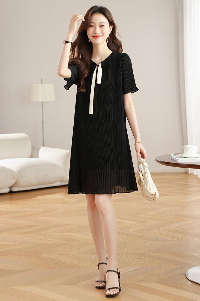 봄 여름 플리츠 주름 리본 타이 반팔 미디 루즈핏 A라인 원피스 하객룩 오피스룩 블랙 - 상세 이미지 5