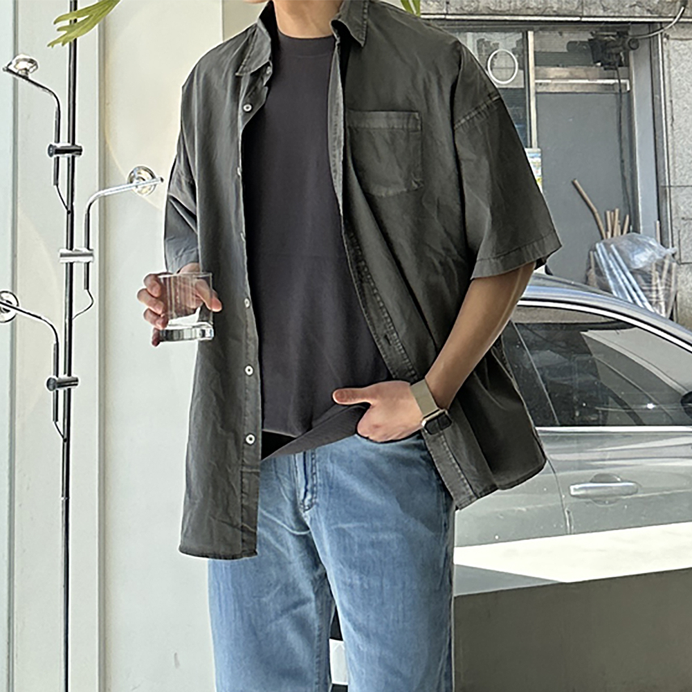 남자반팔셔츠 피그먼트 오버핏 여름 커플 남방 남자 셔츠 - 메인 이미지