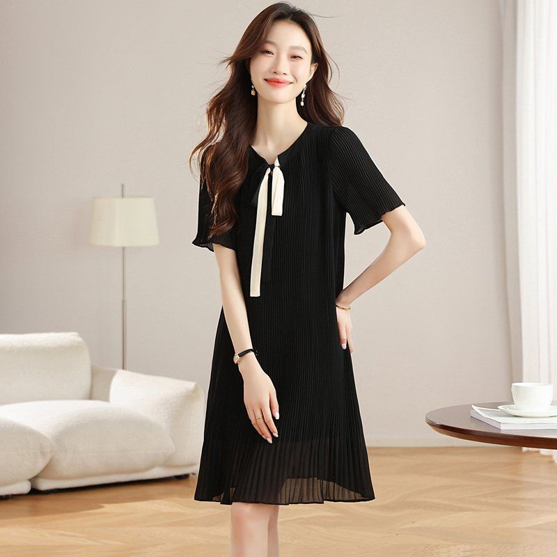 봄 여름 플리츠 주름 리본 타이 반팔 미디 루즈핏 A라인 원피스 하객룩 오피스룩 블랙 - 상세 이미지 2