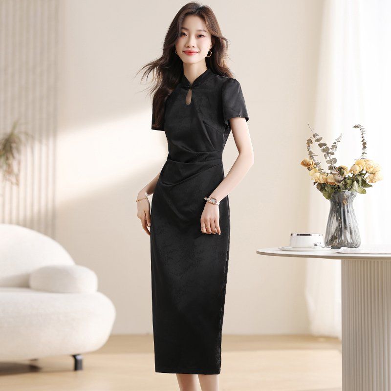 봄 여름 레트로 빈티지 치파오 퍼프 반팔 자카드 롱 원피스 만다린카라 하객룩 모임룩 베이지 - 상세 이미지 3